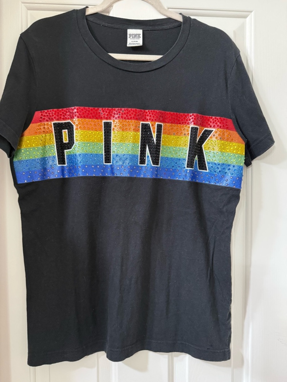 PINK Victoria's Secret Canvas Black Tee with Rainbow Rhinestones Stripe